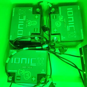 3 Lithium Ion batteries to power Motorguide trolling motor. Onboard charger barely visible to the right.