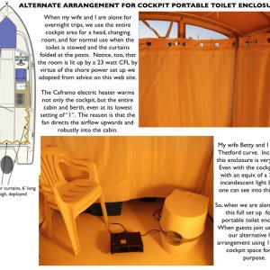 11 Alternate Cockpit Arrangement for Portable Toilet Enclosure.  The entire cockpit area becomes a bathroom and changing room when my wife and I are staying in overnight anchorages and transient berths.