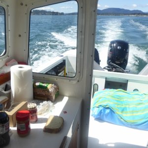 Slow cruising and making lunch on way back to the marina