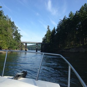 Heading out of Bedwell Harbor through a narrow channel between N. and S. Pender island