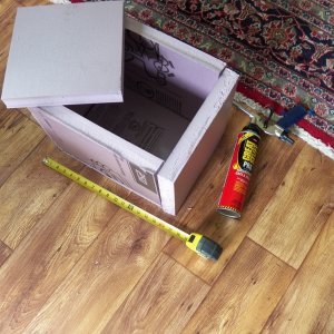 This will be the insulated container for the TEC.  I'm gluing it together with foam.  It is 1.5" foam board that comes in a 2x8' piece.  If I think I need more insulation, I will simply make another exterior layer from the left over piece.  It is small, but then so is my boat.