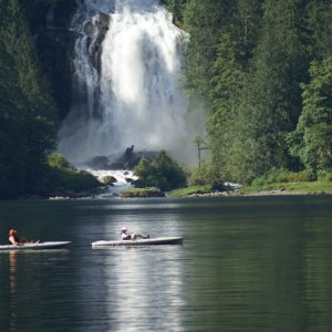 Princess Louisa Inlet, 07-10 123 - Some of the crew enjoying Hobie Mirage Drive Kayaks in front of Chatterbox Falls
