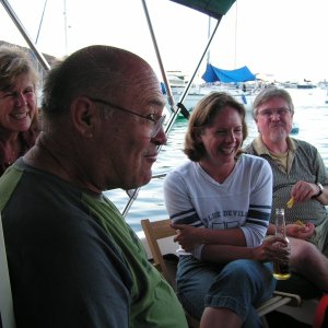 Friday's "Fish Taco Nite" on Dora Jean. Kathy, Joel, a sad Melinda and Keith (C-Pup).