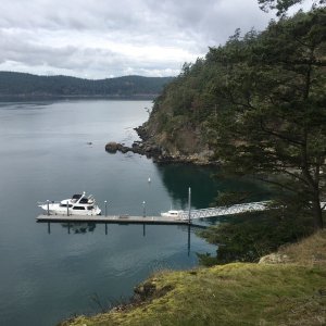 View from trail above. I enjoy sitting here with radio listening to the Sunday football games during the fall.  Most of the other boats have now left.
