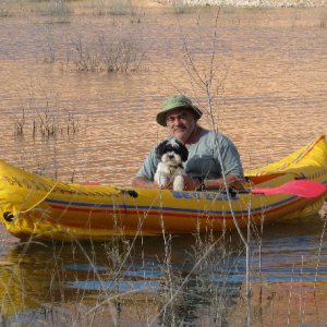 Pat and Baxter in Tahiti Inflatable Kayak at Hansen Creek Canyon 9-15-09.Sized