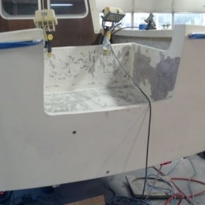 Transom Complete but the gelcoat would not bind to the West System so stripped the gelcoat off and setup to paint.
