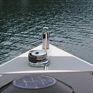 Media '(AnchortownJim) View of Quick Aster 500 windless from the cabin' in album '(AnchortownJim) Quick ASTER 500 mounting plate made out of 3/16" 6061 aluminum, prior to being epoxied to the deck with MarineTex, side view.'