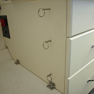 Media '(AnchortownJim) Simple method to keep drawers from sliding open in rough seas, stainless steel pins' in album '(AnchortownJim) Quick ASTER 500 mounting plate made out of 3/16" 6061 aluminum, prior to being epoxied to the deck with MarineTex, side view.'