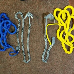 backup/dinghy anchor setups kept in bags under the berth. Use at least one on many trips for shore ties or dinghy use.