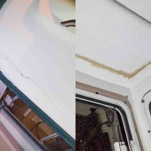 There is a crack in the fiberglass eyebrow on the port side of the roof in the same general area as a poorly repaired crack in the cabin ceiling fiberglass.