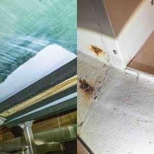 There is unknown damage to the hull under a trailer bunk in the same general area as a crack in the gelcoat on the cabin floor at the aft bulkhead at opening to berth area. Also there is a faint crack in the tabbing (4" to rear and hard to see in photo) where bulkhead is tabbed to floor.