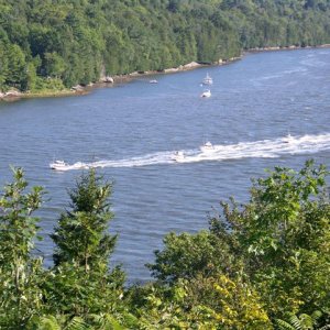 A pod of C-Dories cruising up the Penobscot River heading for the marina at Winterport.