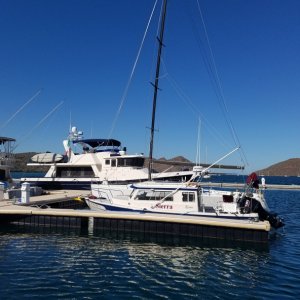 In with the big boys at Marina Escondido, off south to La Paz in a couple days, it is so nice here it\'s hard to leave it is the fanciest most modern, luxurious marina now with new owners that I have ever seen. As you can see plenty of room for more c-brats! They also launched Sierra with a tractor while we were aboard, then put the trailer in storage.