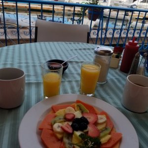 The breakfast $3 fruit plate at Marina de La Paz, along with hand squeezed orange juice, we love Mexico!