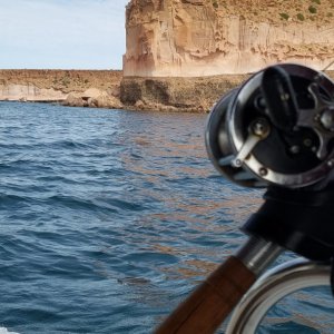 Cruising by Isla Espritu Santu, no fish on but a beautiful view.  We spent a nice quiet few days at Ensenada Grande anchorage on Isla Partida.