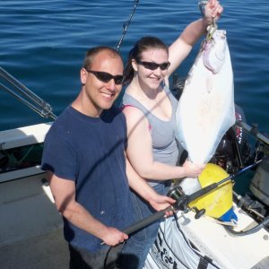 Media 'My friend Norm and girfriend Heidi with the first hali in the boat.' in album 'Daughter Laura visiting from Vancouver, BC. Her first Gulf of Mexico fish, an Amberjack.'