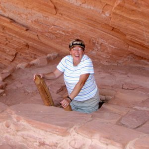 Dixie climbing up the ladder of a cliff dwelling