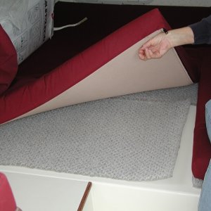 Hyper-Vent installed under bunk to prevent condensation. Available at Fisheries Supply. Note mattress and Hyper-Vent has been split apart 22"  at center seam to ease opening of hatches.