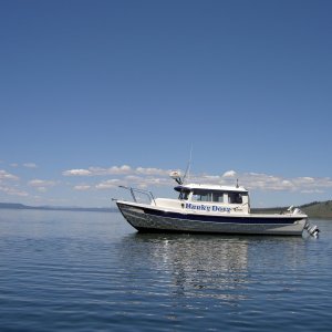 anchored off Promatory Point looking north up Yellowstone Lake