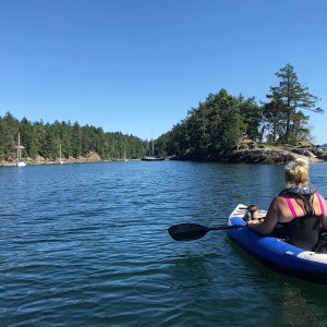Rosanne kayaking into Princess Bay, Wallace Island.