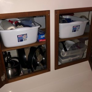Sink Storage Area Organization: Fitted Wooden Shelf and Stacking Bins