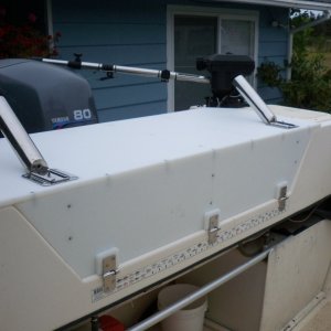 Media 'New transom table.' in album 'I closed in the shelf with oak and added the stereo and weather instruments. Will upgrade to a new DSC radio later and cut it in on the right side.'