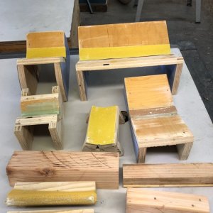 These are the sanding blocks I fabricated for the sanding work I did on the roof. I have power sanders, of course, but rarely used them for two reasons - 1) The blocks allow for even sanding with no dips and swells, and 2) the blocks don't get dust all over my shop like a power sander does, even when used with  vacuum system. Oh, and 3) the use of the blocks provide a nice upper body workout.(winking smile emoji here)
