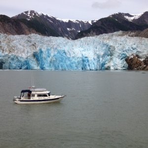 Betty Joe at face of North Sawyer Glacier in Tracy Arm