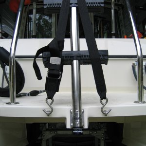 Another way to store the swim step, two ss eye bolts, nylon bushings, and a tie-down strap.