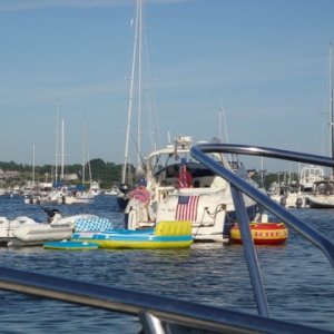 Media 'Various water toys right up in front of our raft of of three C-Dory's waiting for tonights July 3rd firewoks display' in album 'Left Charlestown, Rhode Island fog as soon as we hit the ocean followed Dun Smith who had radar for a couple hours of this around Point Judith up to Wickford R.I.'