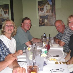 I think this was in Wickford R.I. a hot steamy afternoon early dinner to escape the heat. From the left Dave,Ginny,Dun,Mike,Jess, Becky missing who was taking the picture. Who pinched Mike?