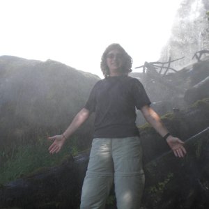 Media 'Andrea near the base of the falls, it is too dangerous to go near the top.' in album 'Early morning in Princess Louisa Inlet.'