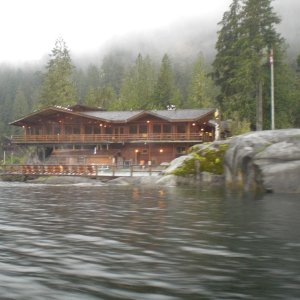 Media 'Malibu lodge as we exit the rapids at slack water.' in album 'Early morning in Princess Louisa Inlet.'