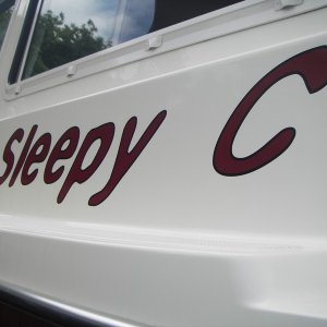 Sleepy C, portside name decal installed.  Font is "Epilog" and is 8" from top to bottom.  Big and simple enough and to read from a distance.