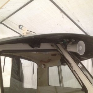 loud hailer/foghorn under brow and Shakespeare 3ft antenna mounted on stbd handrail