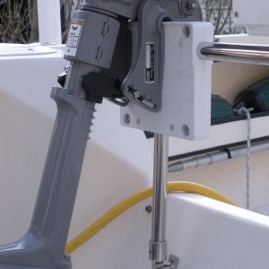 Media 'Outboard storage bracket for inflatable.  Mounted on factory SS transom rail.  Idea borrowed from Peter on C-Dancer.' in album 'Outboard storage bracket for inflatable.  Mounted on factory SS transom rail.  Idea borrowed from Peter on C-Dancer.'