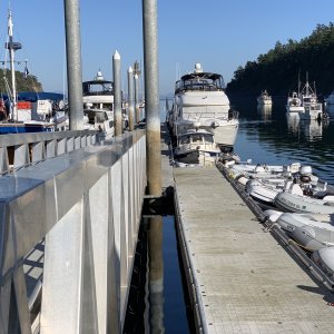 Sucia, Hunkydory at the Fossil Bay inner dock.  Looking small just like in Alaska