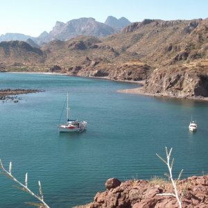 Anchored for the night at natural hot springs cove - gorgeous turquoise water