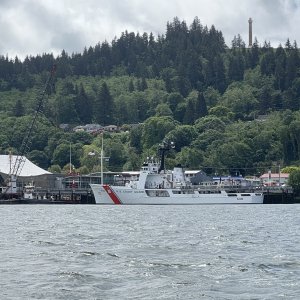 USCGC Alert with the Astoria Coumn in the background