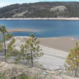 The lake shore near Gifford.  150 feet of mud and 40 feet of elevation to get to vegetation.