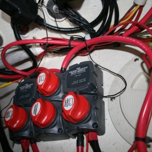 Media 'Three battery VSR Cluster - located in the transom - assessable through the port lazarette.' in album 'Three batteries (installed by the dealer) two starting batteries (34M Optima) and one 'house' battery (D34M Optima) located beneath the port forward dinette seat - behind the refrigerator.'