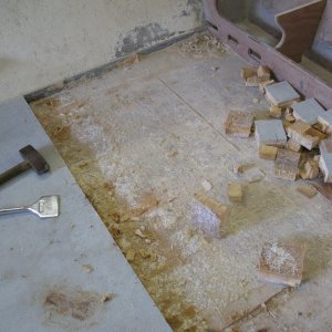 may 13, 2011 005 - Dreaded but anticipated decision to do complete replacement of main deck sole. Skin cut in apprx. 5" squares & pried out w/wide carpet chisel.  Great tool for this - they pop out readily.