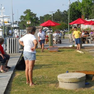 heated game of cornhole at Coinjock