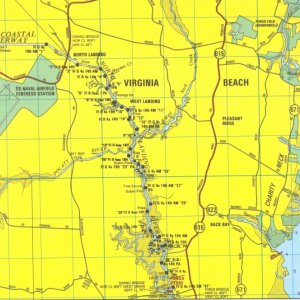ICW - West Neck Creek area - Va. Beach

Chart is scanned from ADC Ches. Bay, 5th addition Chartbook

The photos that follow are from our previously owned 18' SeaRay launched starting from the West Neck Marina, located where the West Neck Rd crosses the West Neck Creek.
