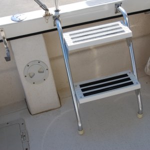 Media 'Portable cockpit step ladder. Mounts also on starboard side forward of fuel fill system access port. Ladder stores in 'V-berth' area.' in album 'Port side mounted portable cockpit step ladder forward of fuel fill system access port.'