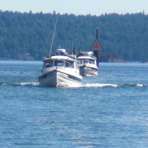 Two Bears and In Cahoots following Nomad through the cut.  The depth ranged from 7ft to 3ft at mid-tide!