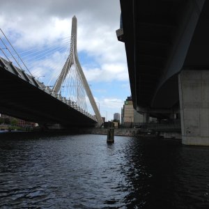 Navigating from the Charles River under I 93 (Zakim Bridge) heading to the Boston Harbor locks.