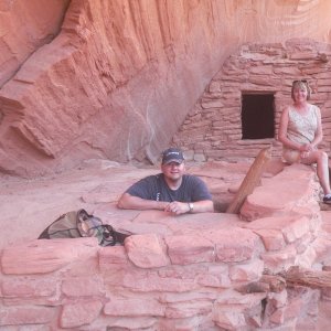 Robert is exploring the ceremonial chamber at the Indian Ruins while Diane is watching to make sure he is coming out