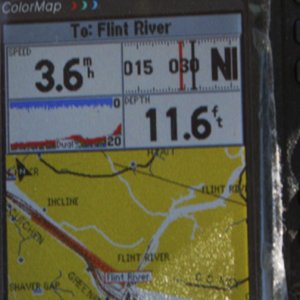 Red trace is Navigation route  to FLINT RIVER entrance. I passed entrance and turned toward FLINT RIVER waypoint. See Lollipop on Furuno Radar with the circle around the physical entrance to the FLINT.