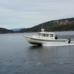 From the dock on Center Island, looking at Decator with Orcas in the distance.